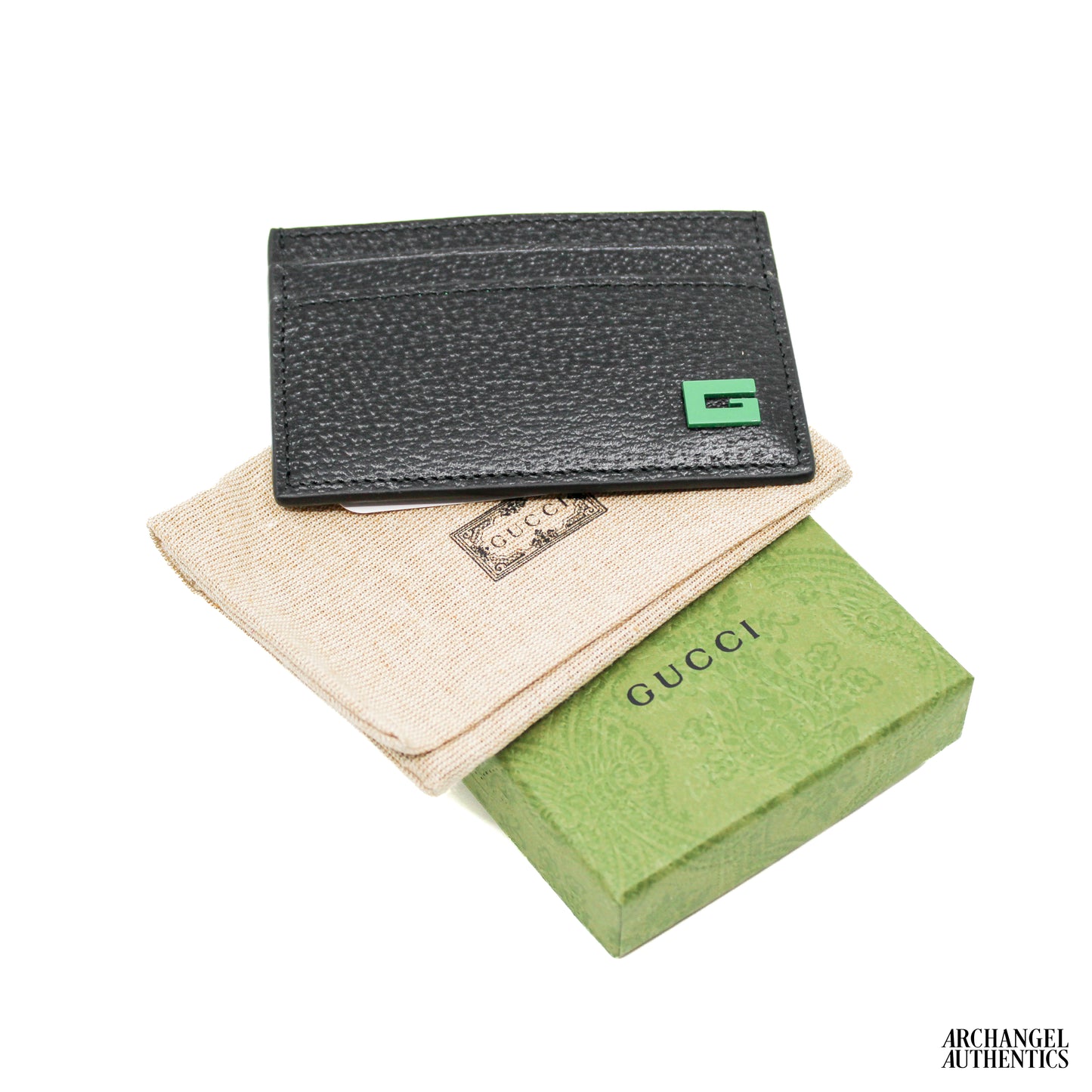 Gucci Card Holder Black Leather Green G Logo | 739361 1AAJA 1097