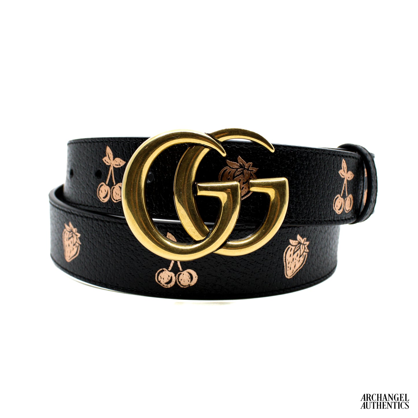 Gucci Double GG Belt Cherries/Strawberries 625839 1T5ZC Black/Gold