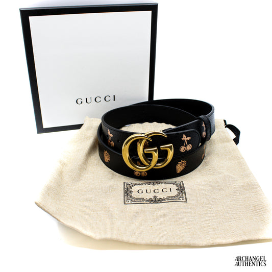 Gucci Double GG Belt Cherries/Strawberries 625839 1T5ZC Black/Gold