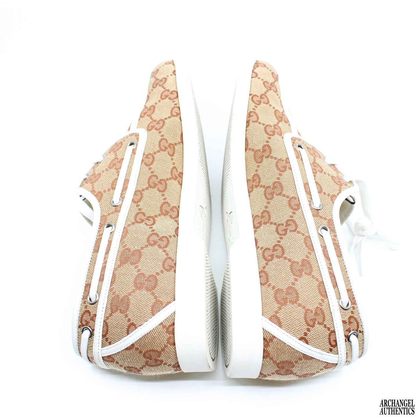 Gucci GG Canvas Leather Trim Embellishment Boat Shoes