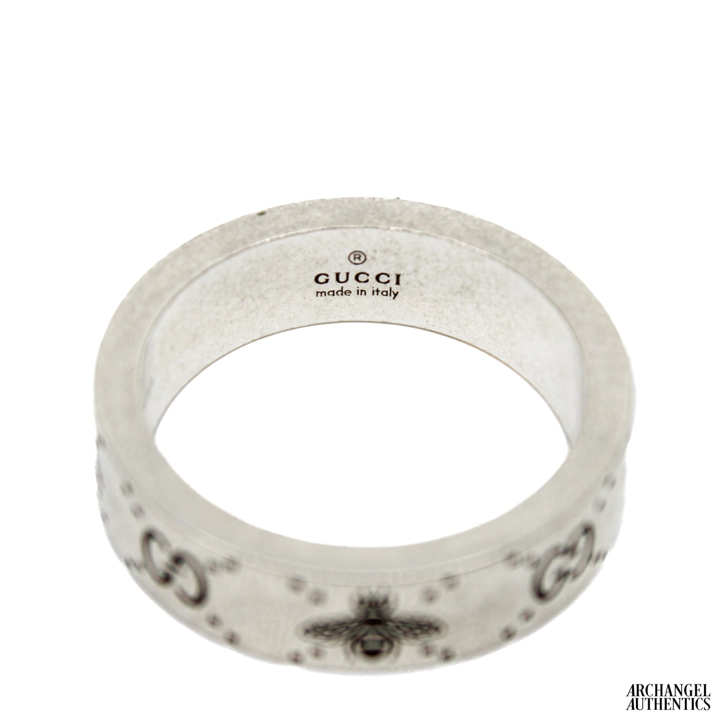 Gucci GG and Bee Engraved Sterling Silver Ring Wide 728389 J8400 0728