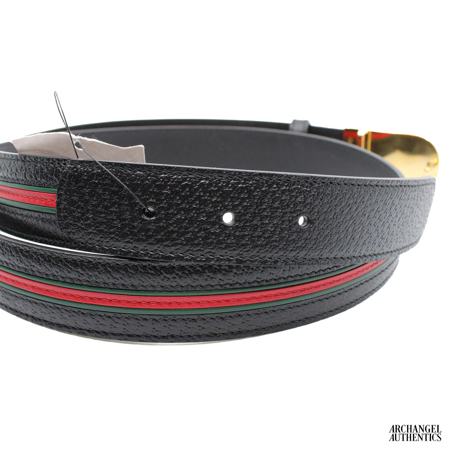 Gucci Green and Red Stripe Black Leather Belt Gold Buckle | 715601 AAA6Y 1071