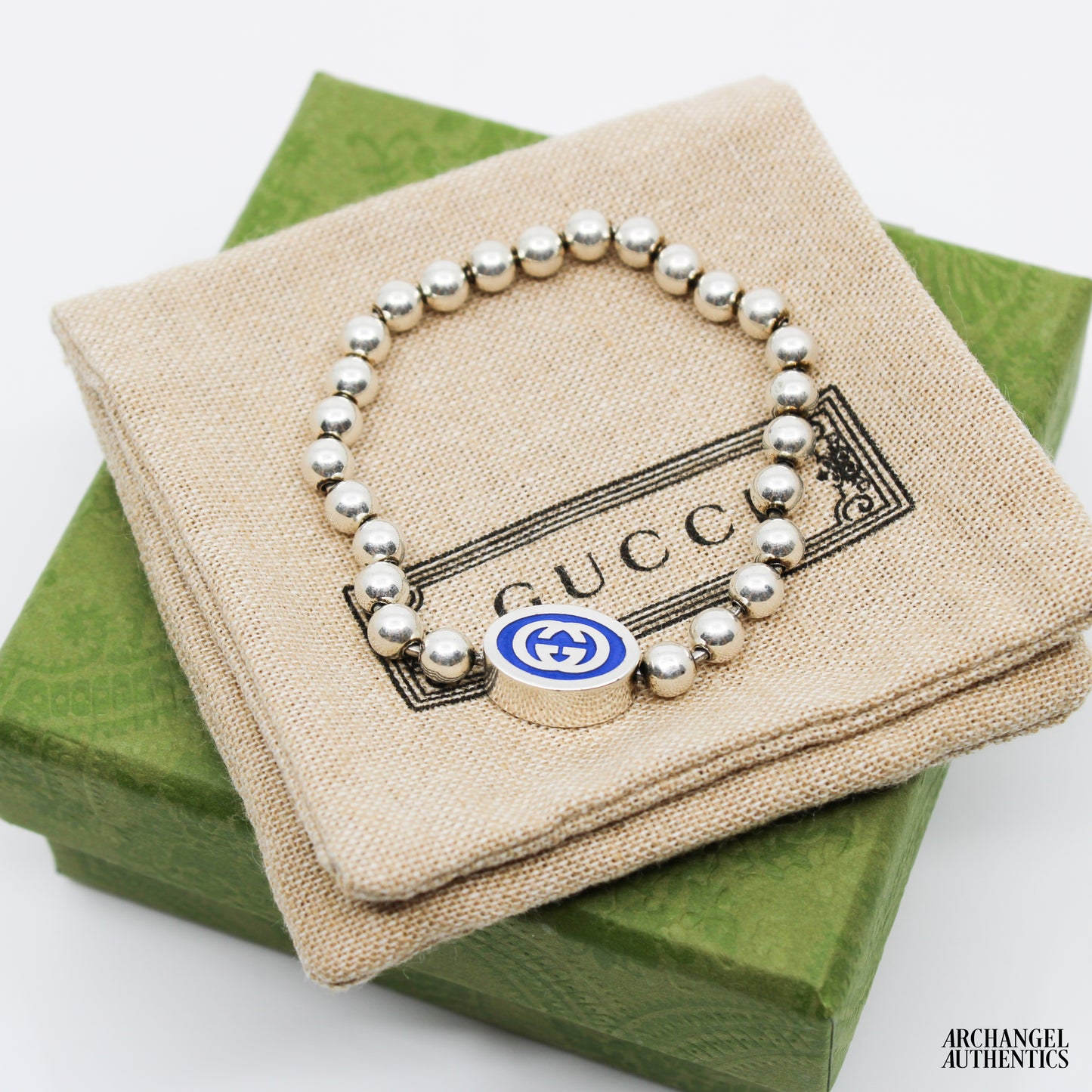 Gucci Interlocking G Boule Chain Bracelet Blue 753437 J8410 8136
