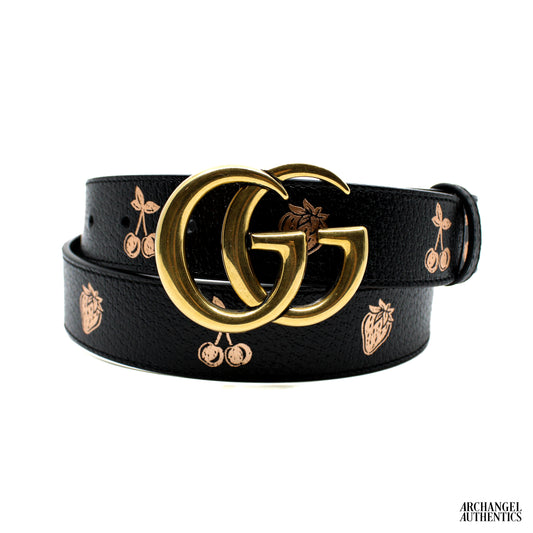 Gucci Double GG Belt Cherries/Strawberries 625839 1T5ZC Black/Gold