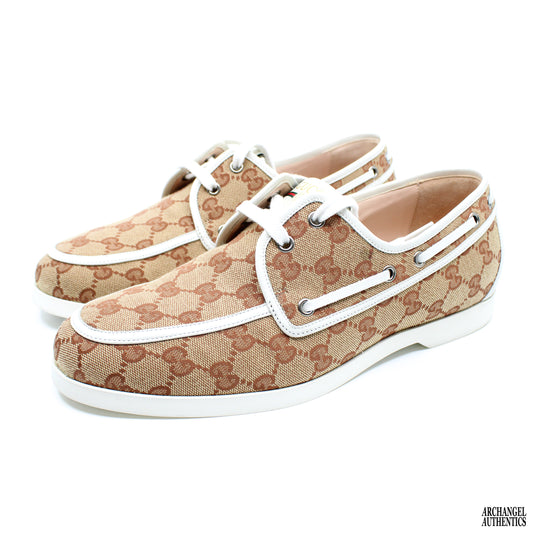 Gucci GG Canvas Leather Trim Embellishment Boat Shoes