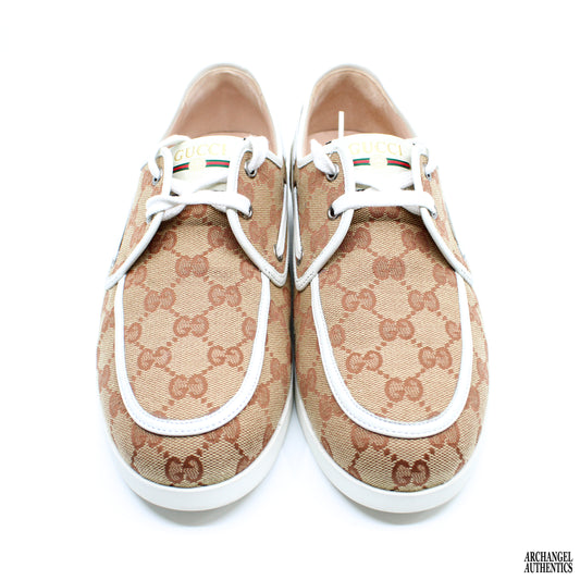 Gucci GG Canvas Leather Trim Embellishment Boat Shoes