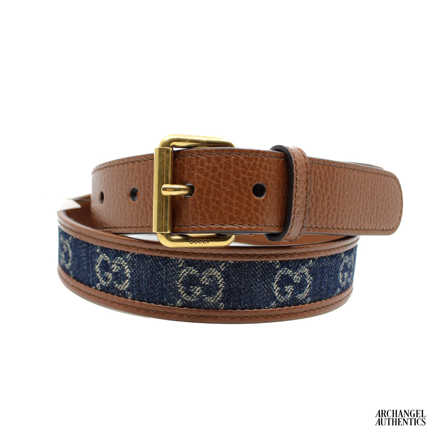 Gucci GG Monogram Denim & Leather Belt 678694 2KQGT Navy Denim/Brown Leather