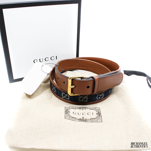 Gucci GG Monogram Denim & Leather Belt 678694 2KQGT Navy Denim/Brown Leather