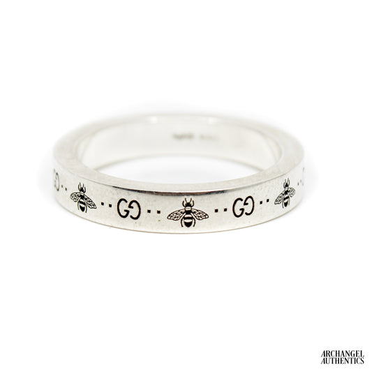 Gucci GG and Bee Engraved Sterling Silver Ring Slim 729898 J8400 0728