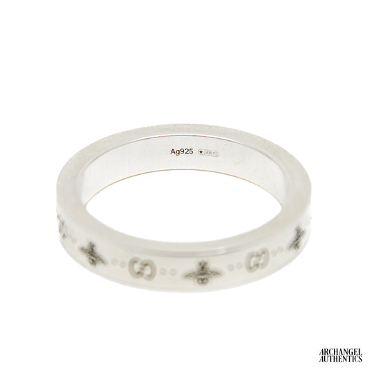 Gucci GG and Bee Engraved Sterling Silver Ring Slim 729898 J8400 0728