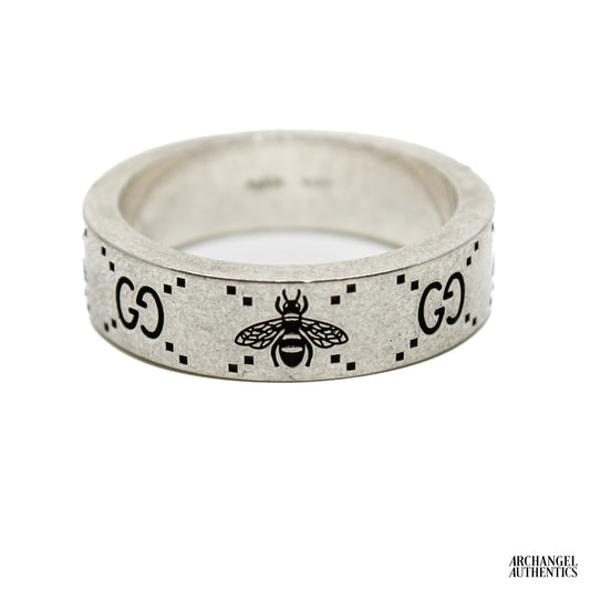 Gucci GG and Bee Engraved Sterling Silver Ring Wide 728389 J8400 0728