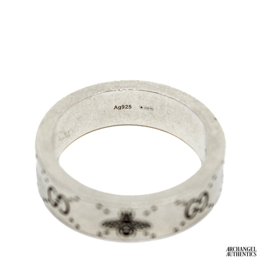 Gucci GG and Bee Engraved Sterling Silver Ring Wide 728389 J8400 0728