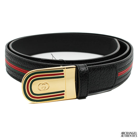 Gucci Green and Red Stripe Black Leather Belt Gold Buckle | 715601 AAA6Y 1071