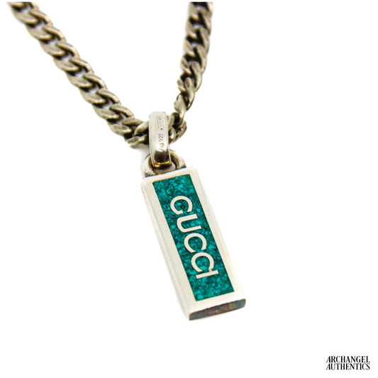 Gucci Sterling Silver Curb Link Chain w/ Enamel Pendant Tag Turquoise | 678714 J8410 8183