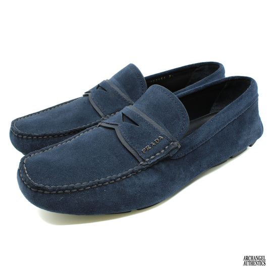 Prada Blue Suede Loafer Calzature Uomo Nero Bleu