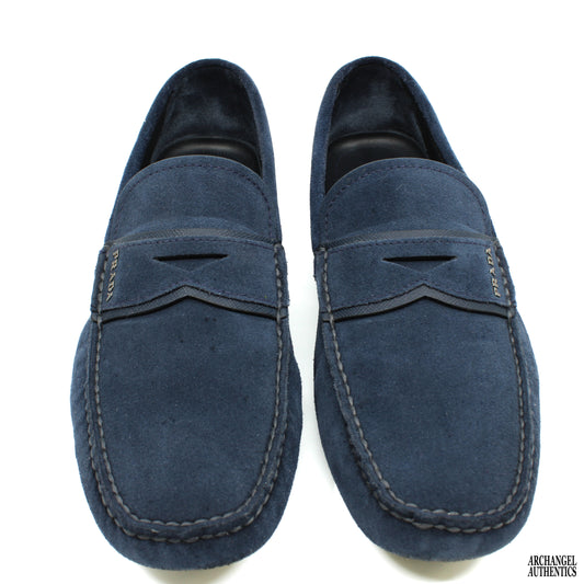 Prada Blue Suede Loafer Calzature Uomo Nero Bleu